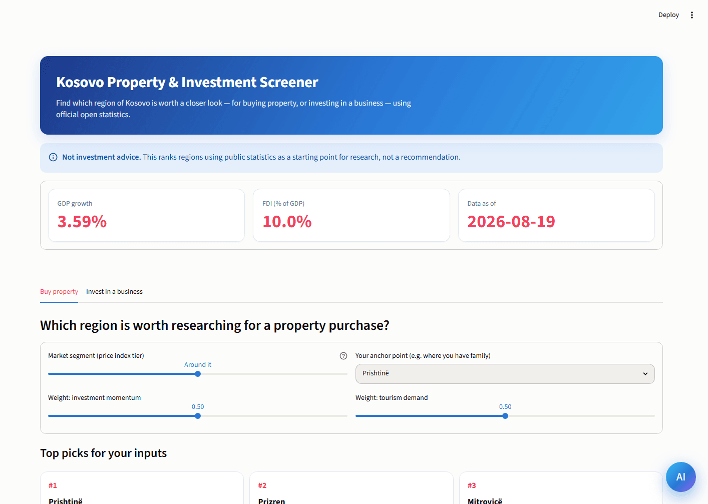Kosovo Property and Investment Screener showing public-data indicators and property research controls