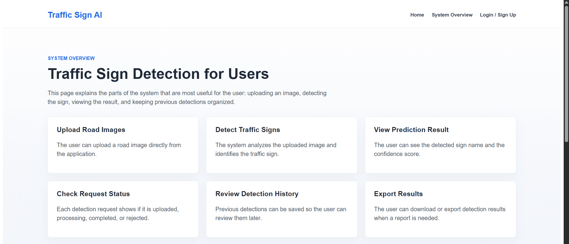 Traffic Sign AI system overview describing image uploads, predictions, request status, detection history, and exports